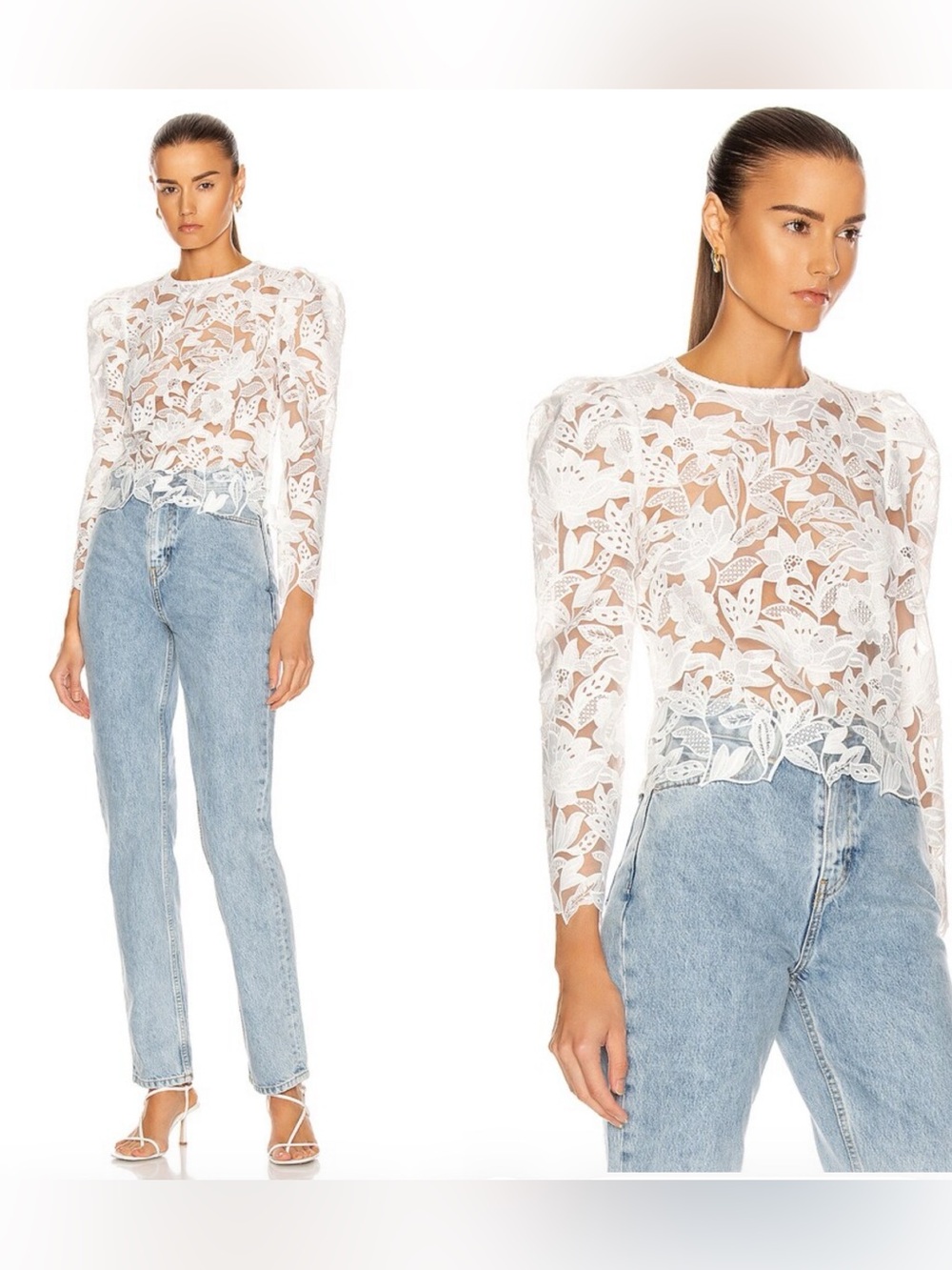 SELF-PORTRAIT Long Sleeve Leaf Guipure Lace Top
